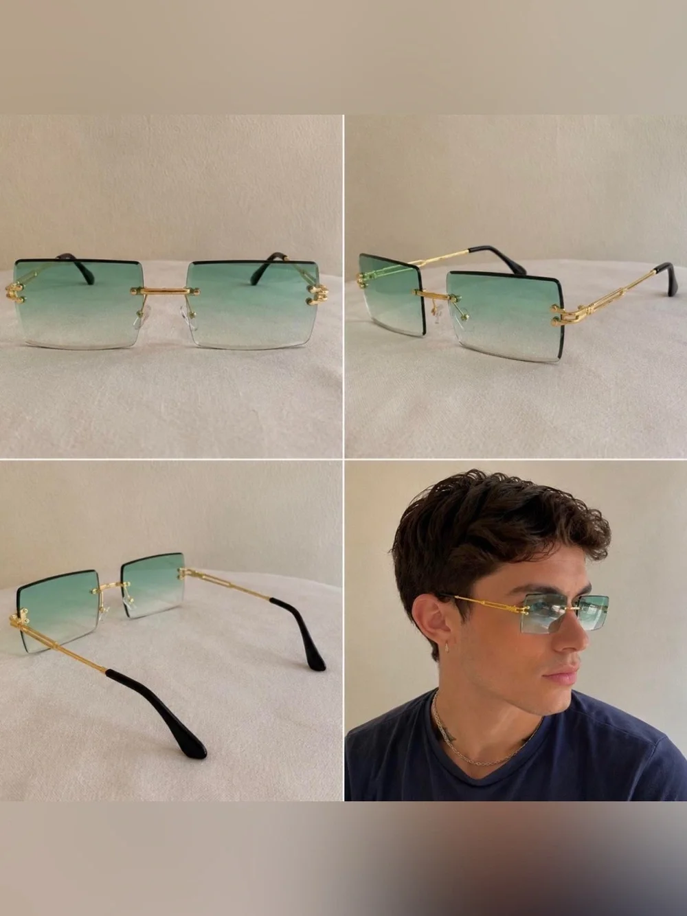 Men Green Gradient Rimless Rectangle Gold Frame Sunglasses UV400
